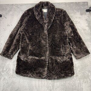 Vintage Faux Fur Coat Duffel Outdoor Womens Animal Tiger Print Brown Jacket XL